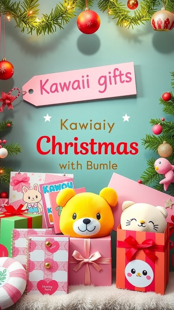 A vibrant assortment of kawaii gifts including plush toys, stationery, and accessories for Christmas.